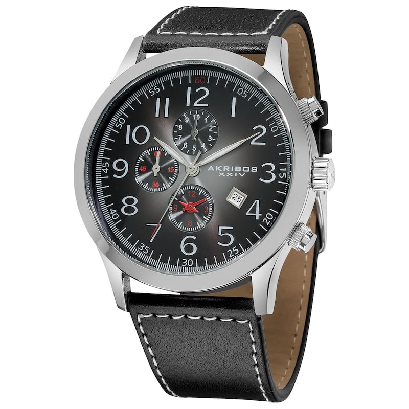 Akribos XXIV Men's Arabic Numeral Gradient Dial Leather Silver-Tone Strap Watch with Date Display