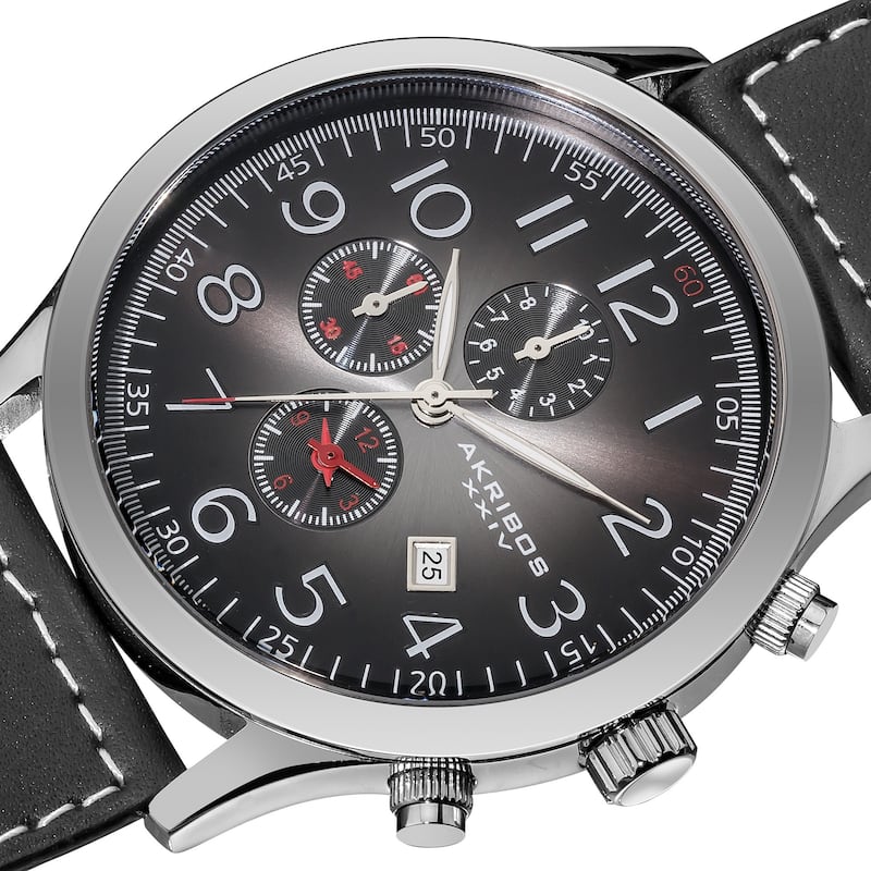Akribos XXIV Men's Arabic Numeral Gradient Dial Leather Silver-Tone Strap Watch with Date Display