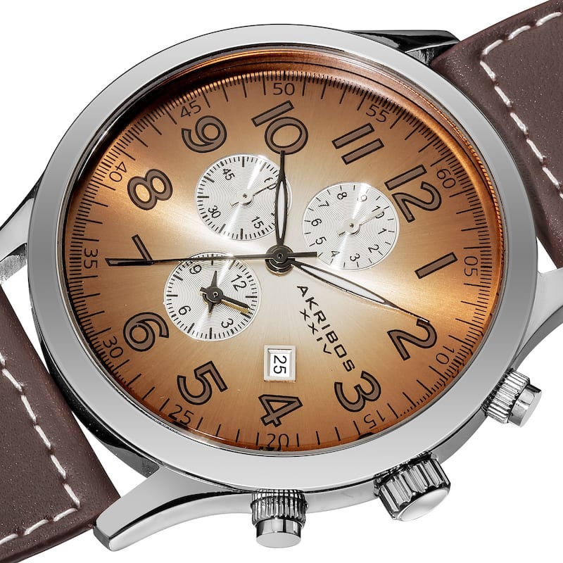 Akribos XXIV Men's Brown Arabic Numeral Gradient Dial Leather Strap Watch