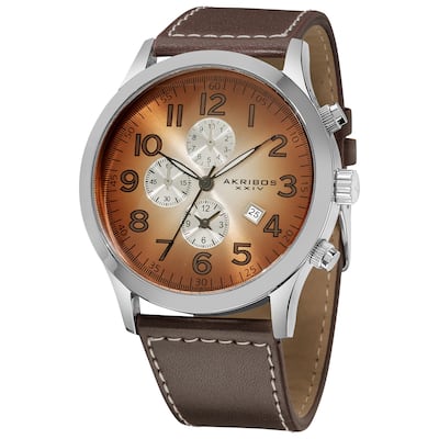 Akribos XXIV Men's Brown Arabic Numeral Gradient Dial Leather Strap Watch