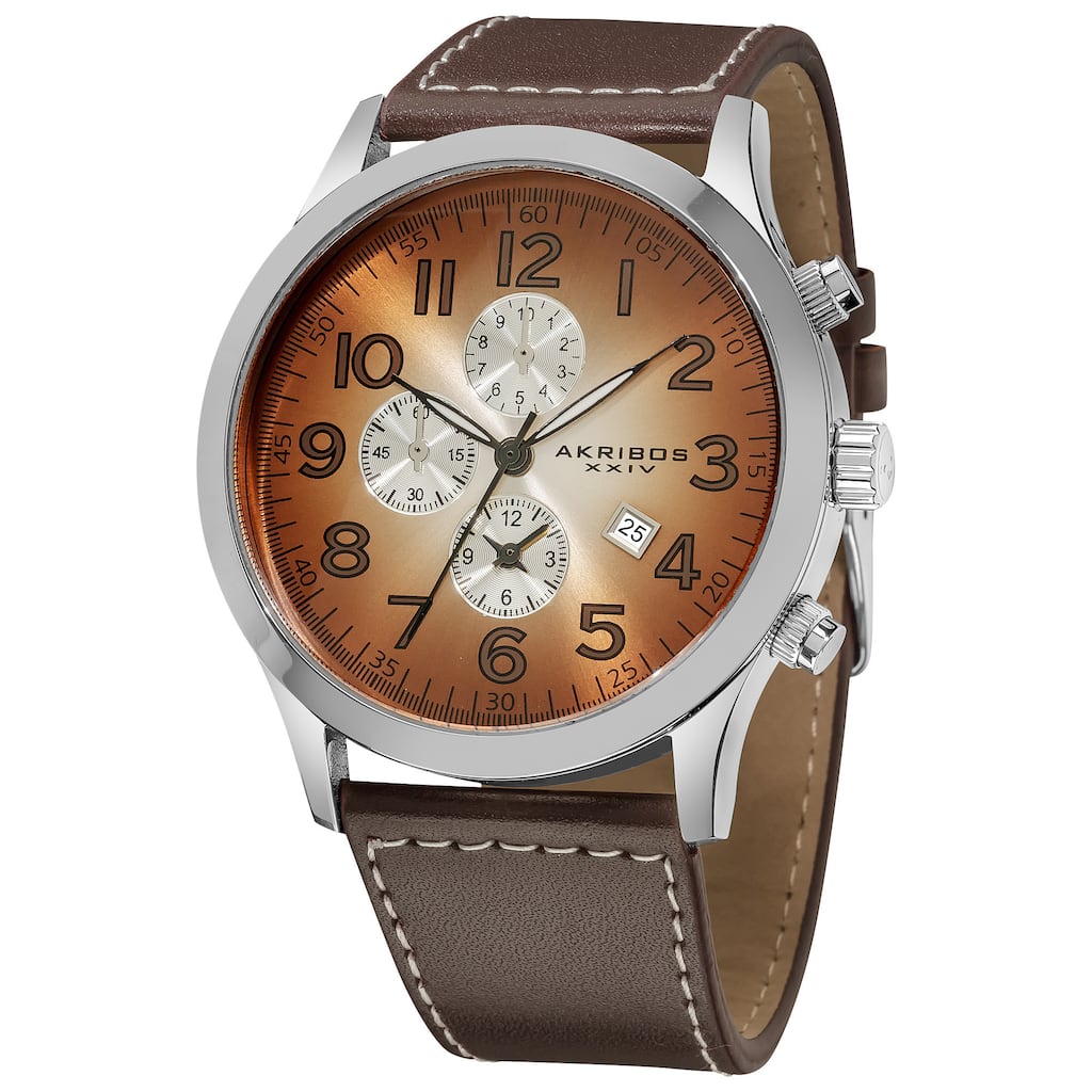 Akribos XXIV Men's Brown Arabic Numeral Gradient Dial Leather Strap Watch