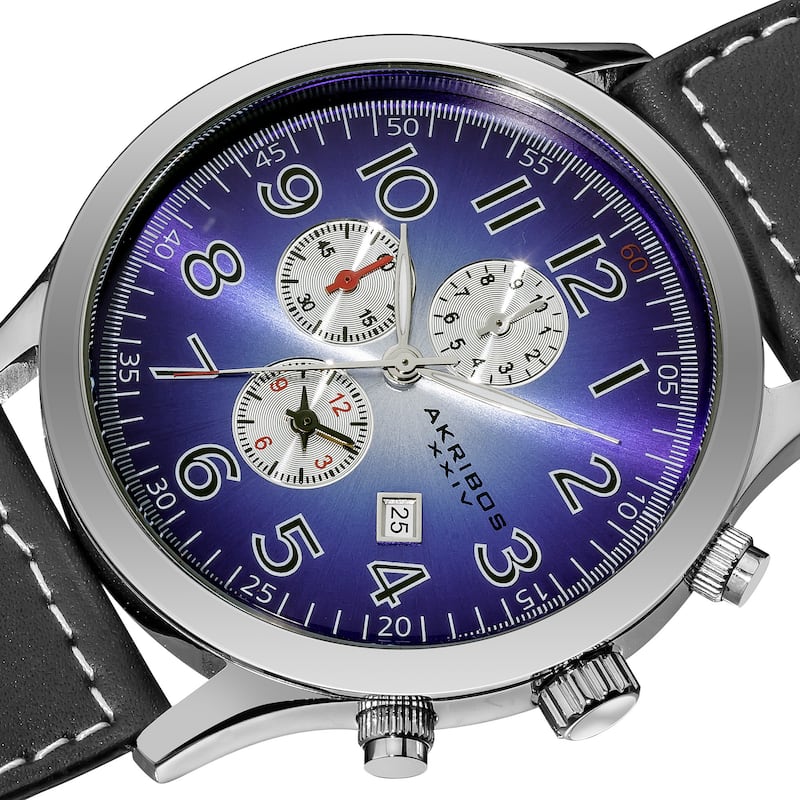 Akribos XXIV Men's Arabic Numeral Gradient Dial Leather Blue Strap Watch with Three Chronographs