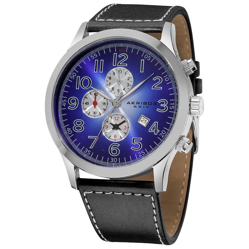 Akribos XXIV Men's Arabic Numeral Gradient Dial Leather Blue Strap Watch with Three Chronographs