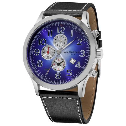 Akribos XXIV Men's Arabic Numeral Gradient Dial Leather Blue Strap Watch with Three Chronographs