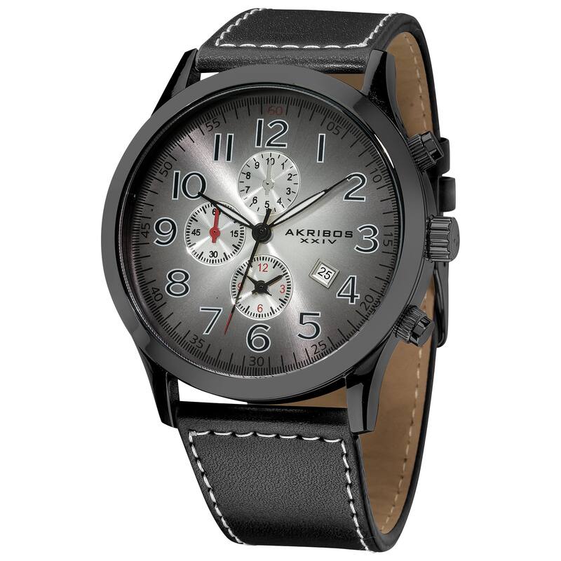 Akribos XXIV Men's Arabic Numeral Gradient Dial Leather Black Strap Water-resistant Watch