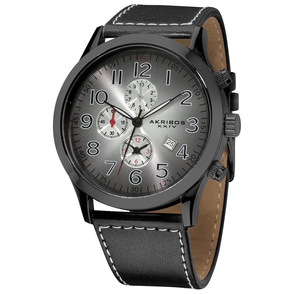 Akribos XXIV Men's Arabic Numeral Gradient Dial Leather Black Strap Water-resistant Watch