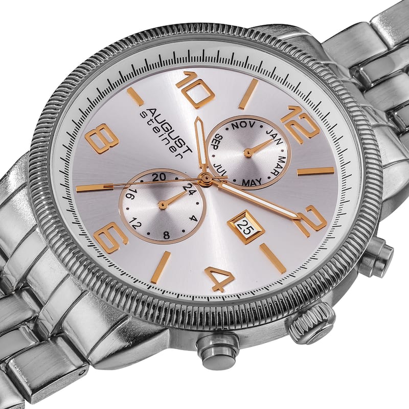 August Steiner Men's Swiss Quartz Coin-edge Bezel Silver-Tone Bracelet Multifunction Watch