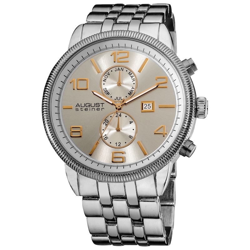 August Steiner Men's Swiss Quartz Coin-edge Bezel Silver-Tone Bracelet Multifunction Watch