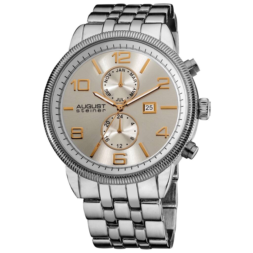 August Steiner Men's Swiss Quartz Coin-edge Bezel Silver-Tone Bracelet Multifunction Watch