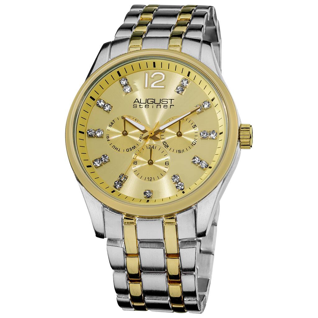 August Steiner Men's Crystal Markers Sunray Goldtone Dial Bracelet Watch