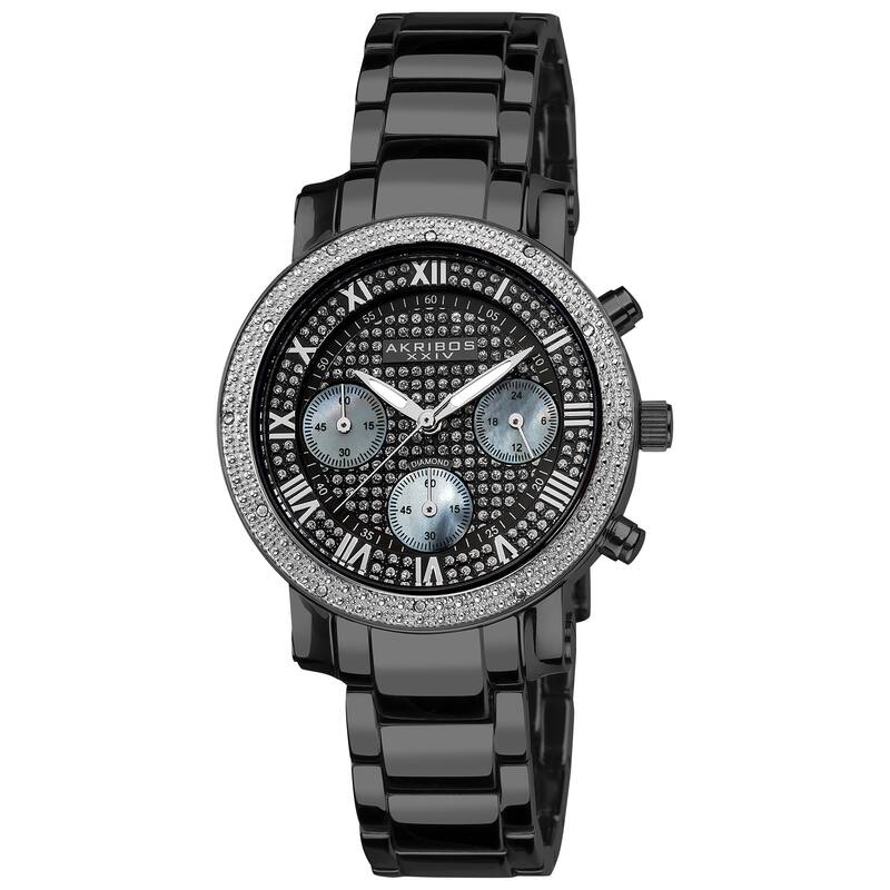 Akribos XXIV Women's Stainless Steel Diamond Chronograph Black Bracelet Watch