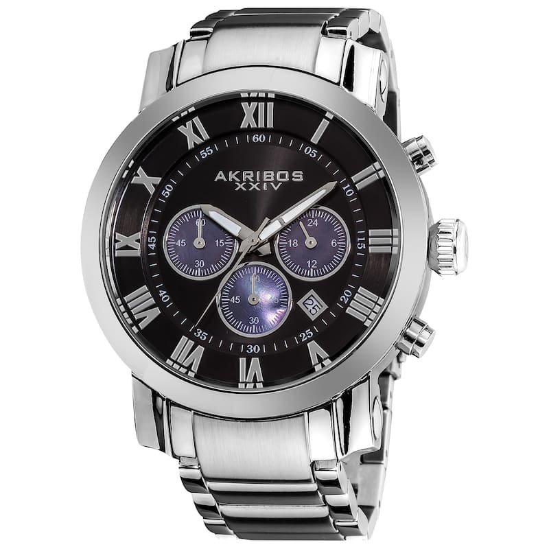 Akribos XXIV Men's Chronograph Black Dial Stainless Steel Silver-Tone Bracelet Watch - Silver-tone/Black