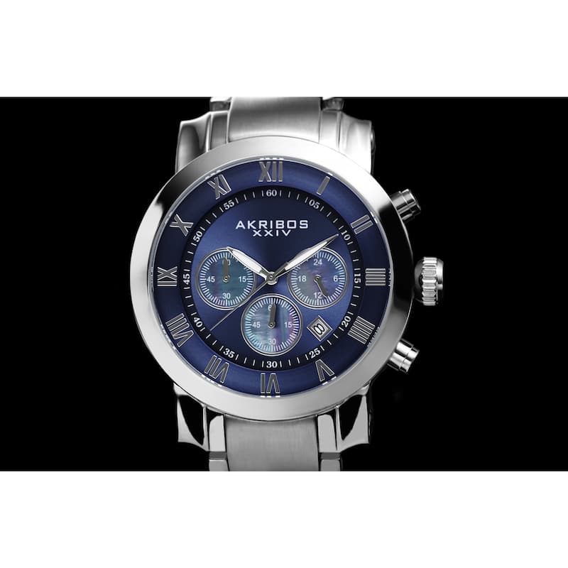 Akribos XXIV Men's Stainless Steel Chronograph Mother of Pearl Subdial Blue Watch