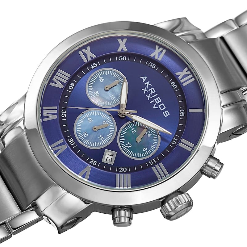 Akribos XXIV Men's Stainless Steel Chronograph Mother of Pearl Subdial Blue Watch