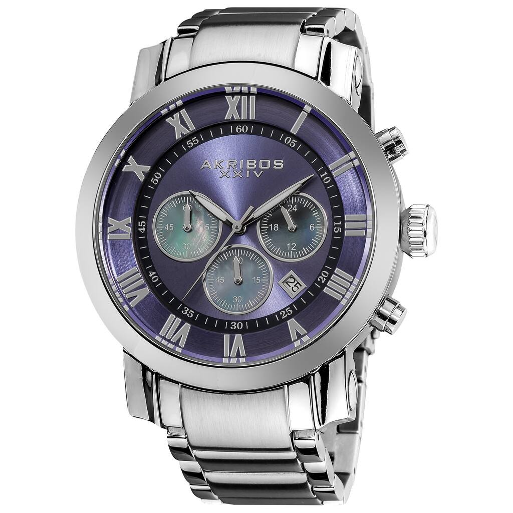 Akribos XXIV Men's Stainless Steel Chronograph Mother of Pearl Subdial Blue Watch