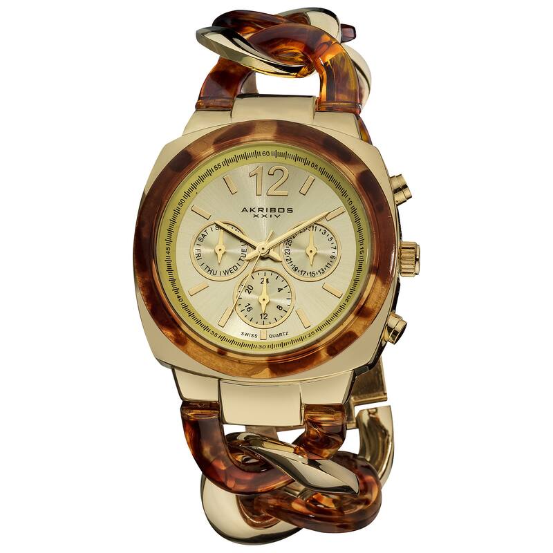 Akribos XXIV Women's Quartz Multifunction Resin Chain Watch - Tortoise/Gold