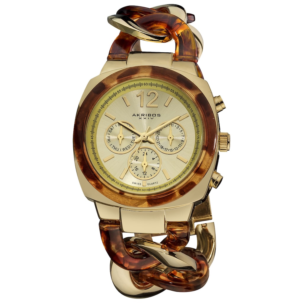 Akribos XXIV Women's Quartz Multifunction Resin Chain Watch - Tortoise/Gold