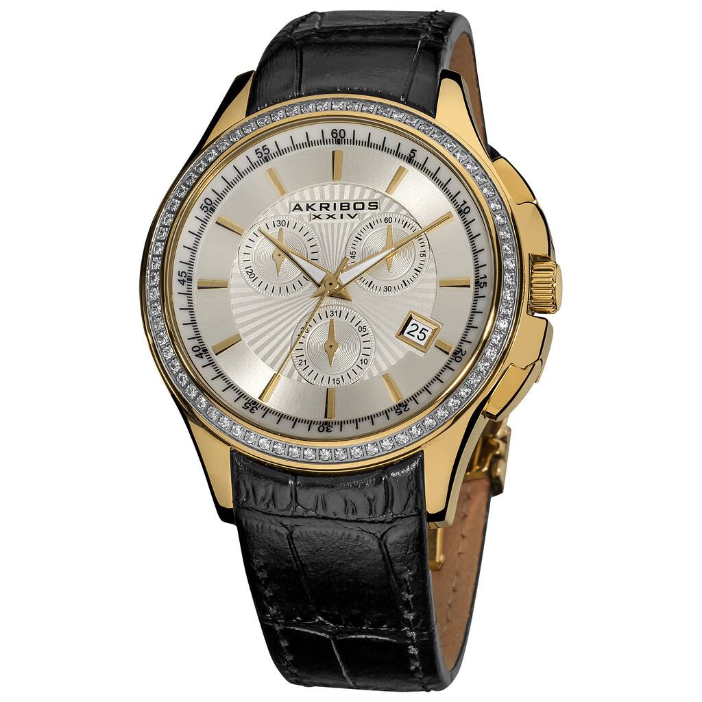 Akribos XXIV Women's Chronograph Crystal Accent Leather Gold-Tone Strap Watch