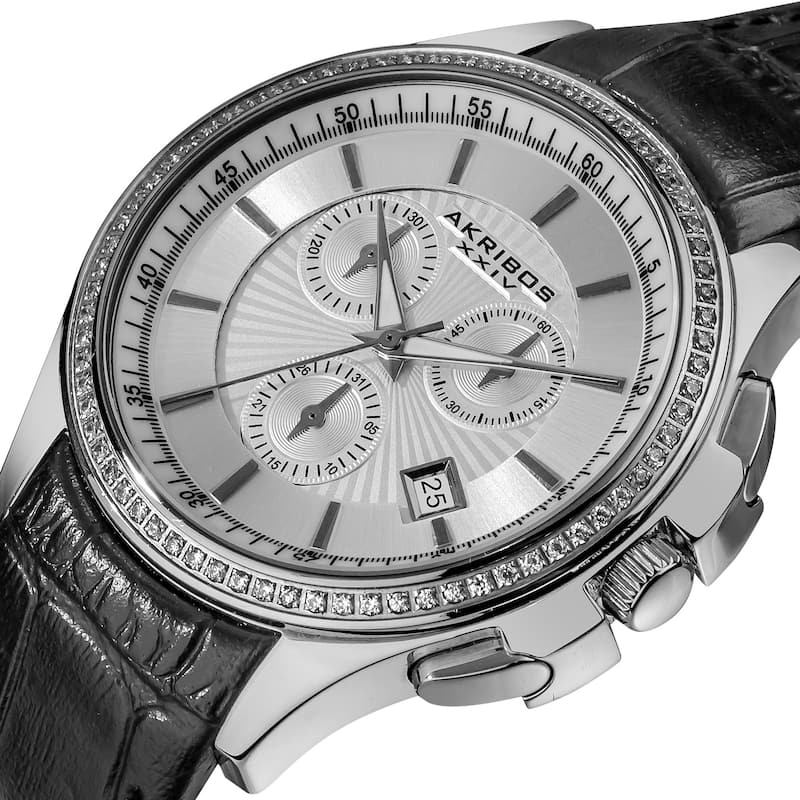 Akribos XXIV Women's Water-resistant Chronograph Step-dial Leather-Silver-Tone Strap Watch