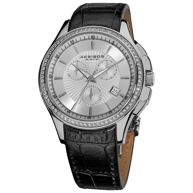 Akribos XXIV Women's Water-resistant Chronograph Step-dial Leather-Silver-Tone Strap Watch