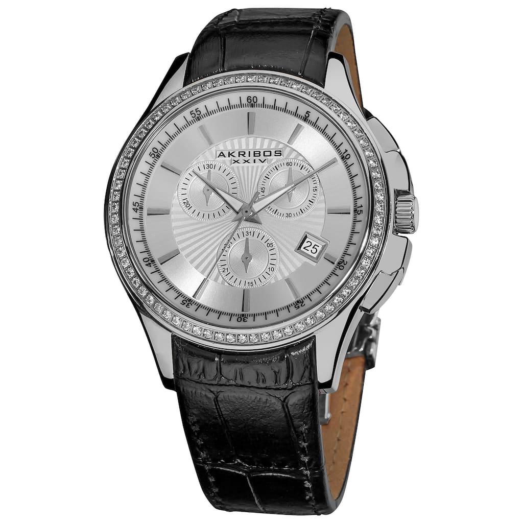Akribos XXIV Women's Water-resistant Chronograph Step-dial Leather-Silver-Tone Strap Watch