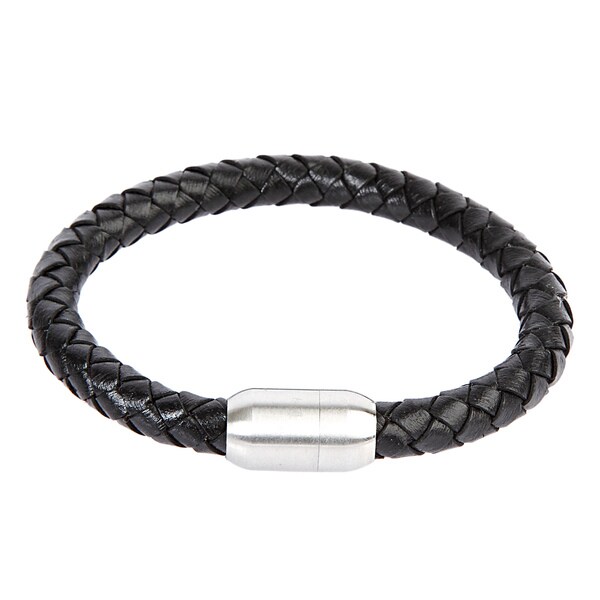 Crucible Stainless Steel Black Leather Braided Bracelet - 15643418 ...