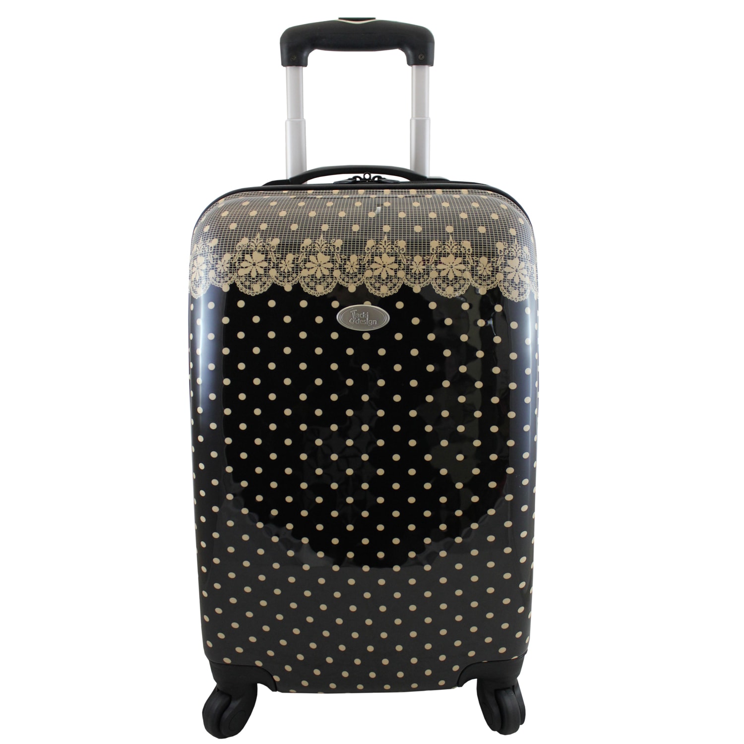 Jacki Design Black Polka Dot Romance 22 inch Hardside Carry on Spinner Upright (BeigeWeight 6.15 poundsPockets Two (2) inside pocketsTwo (2) secure handlesCarrying handle Push button handleWheeled YesWheel type 360 degree spinner Closure Zipper 3 di