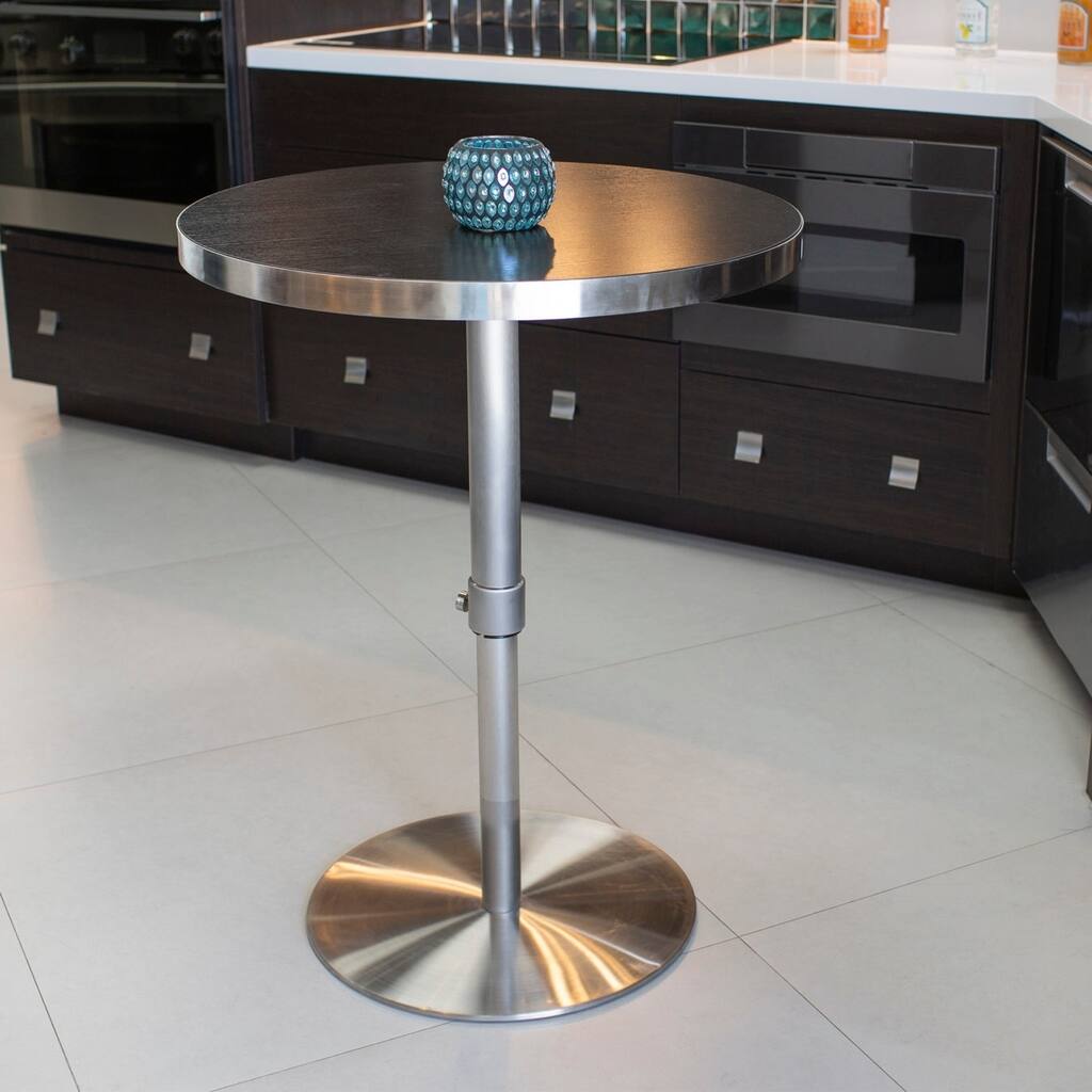 MIX 26 - 36-inch Adjustable Height Round Espresso Wood Melamine Veneer Brushed Stainless Steel Pub Table with Round Slab Base