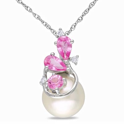 Miadora 10k White Gold Cultured Freshwater Pearl, Pink Sapphire and Diamond Necklace (H-I, I2-I3) (8.5-9 mm)