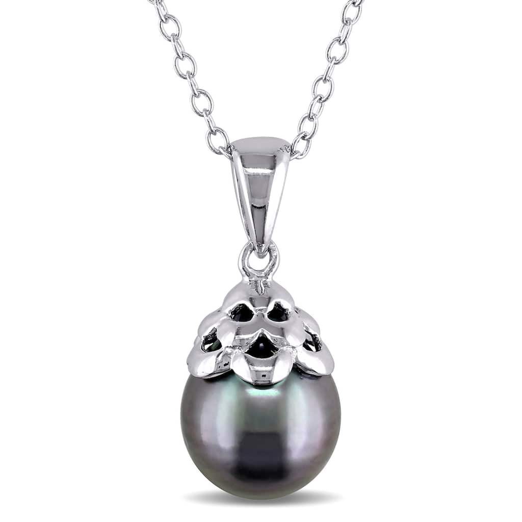 Miadora Sterling Silver Tahitian Black Pearl Necklace (9-10 mm)