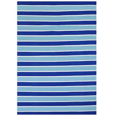Two-tone Blue Stripe Reversible Outdoor Patio Rug (5' x 8') - 5' x 8'