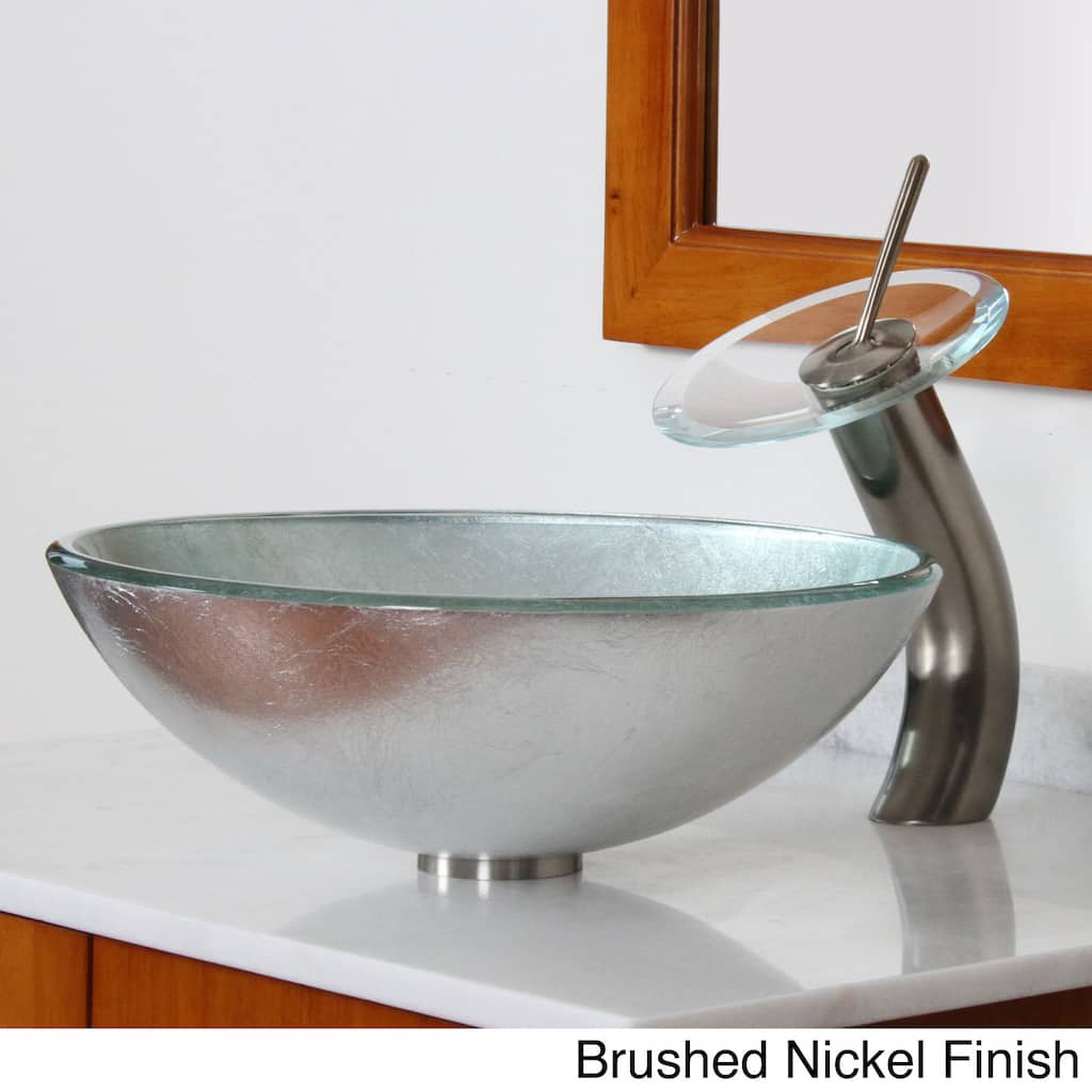 Elite Modern Tempered Glass Bathroom Vessel Sink with Silver Wrinkles Pattern and Waterfall Faucet C