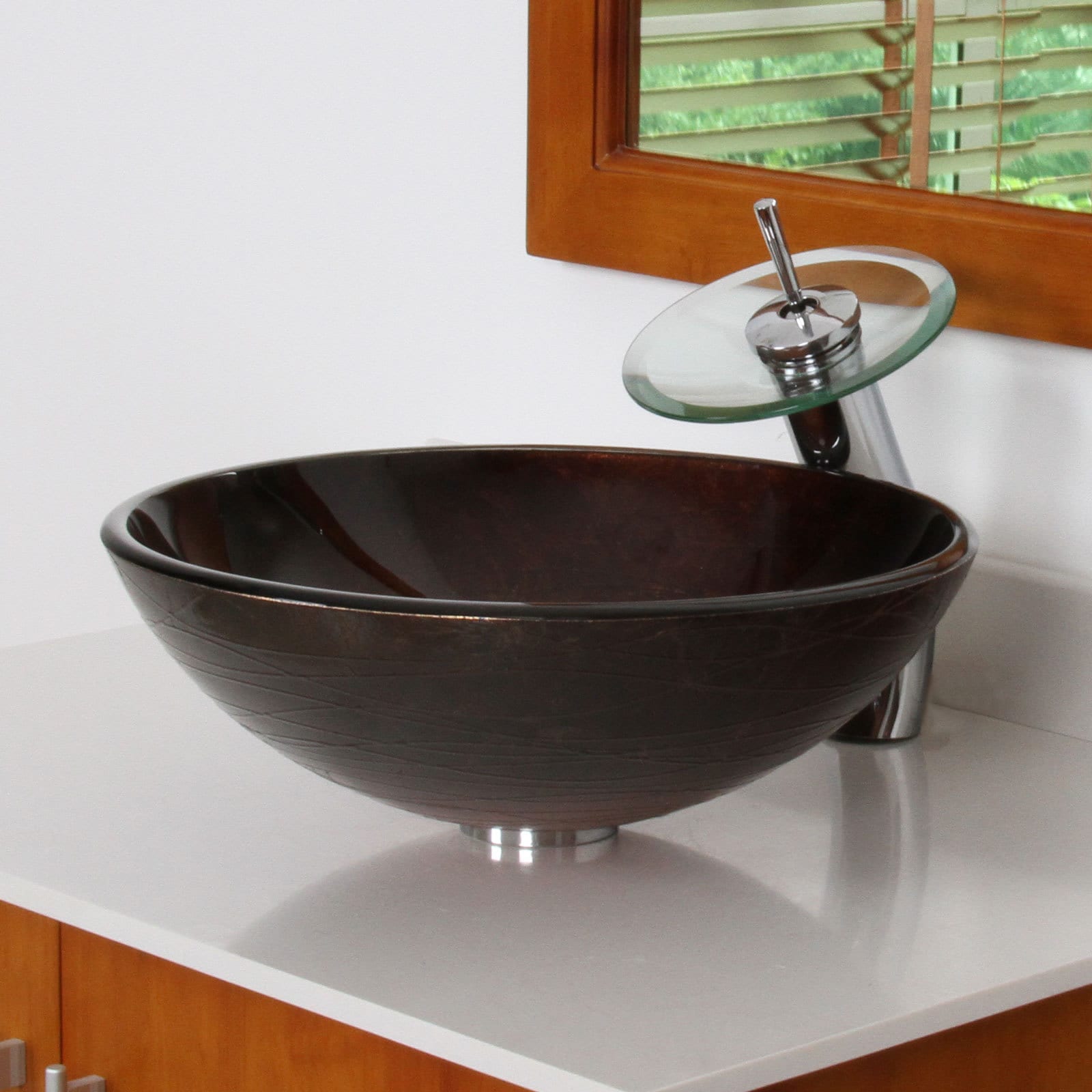 Elite Modern Design Tempered Glass Bathroom Vessel Sink And Waterfall Faucet Combo Sale