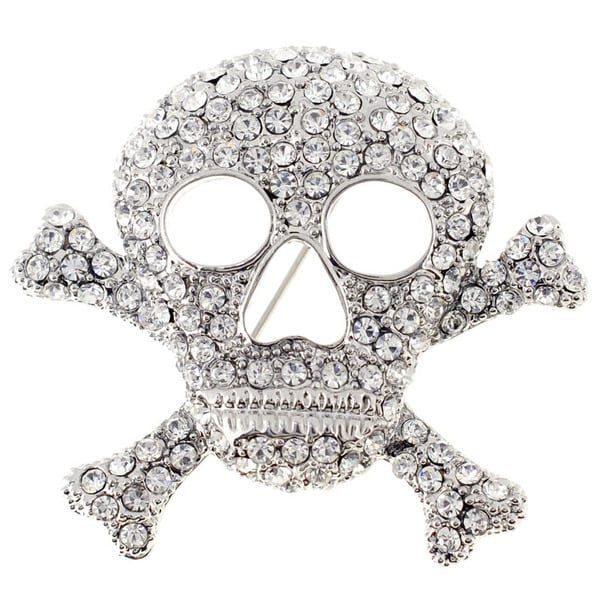 Silvertone Gemstone Cross Bones Skull Pin Brooch