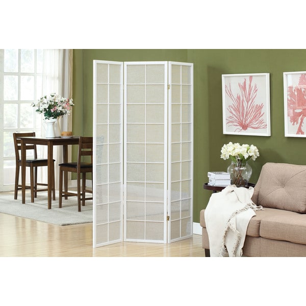 White Framed 3-Panel Folding Screen with Fabric Inlay