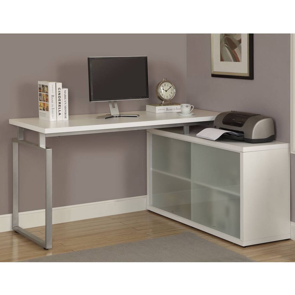 White L-Shaped Desk with Frosted Glass