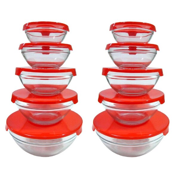 Alpine Cuisine 5-piece Nesting Glass Bowl Set With Red Lids (pack Of 2 