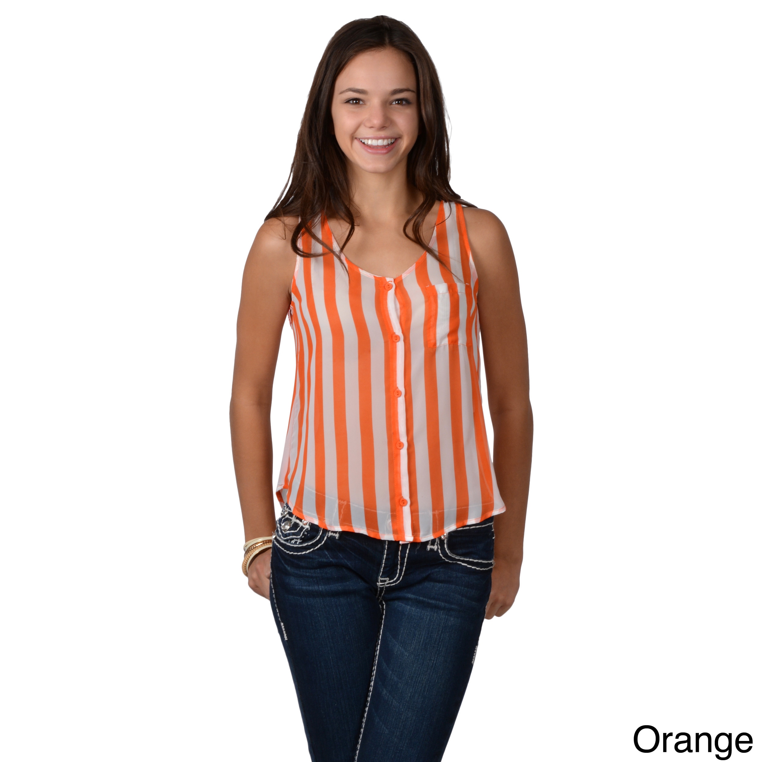 Journee Collection Journee Collection Juniors Striped Button up Tank Top Orange Size M (5  7)