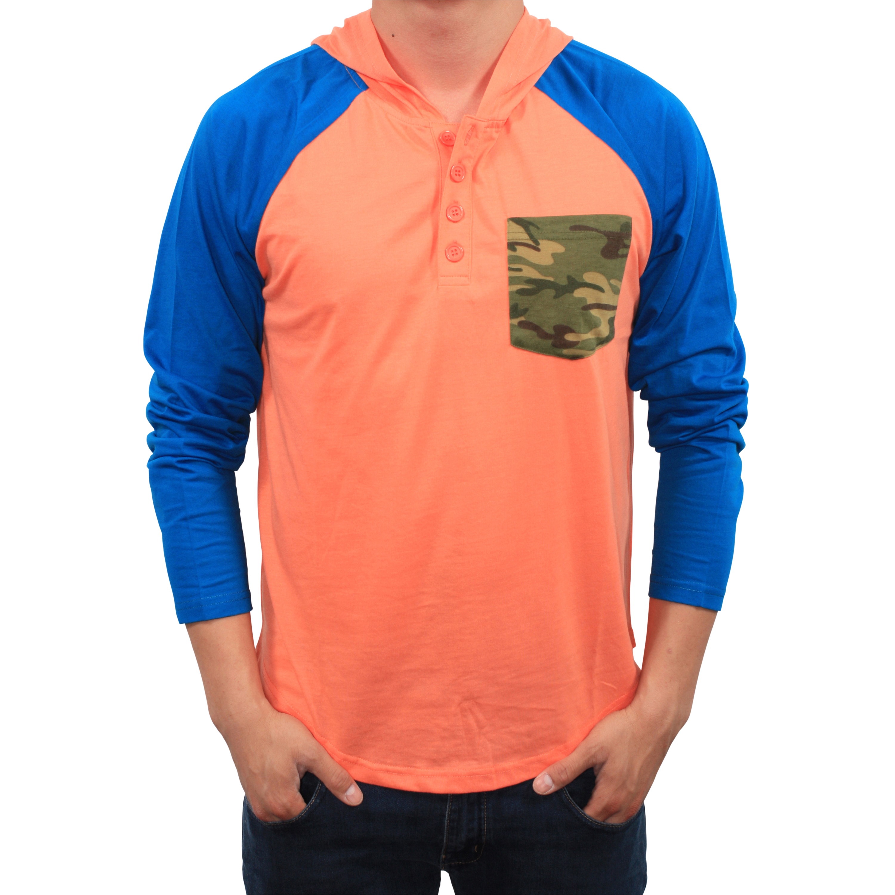 Something Strong Mens Salmon And Royal Blue Hooded Henley Shirt