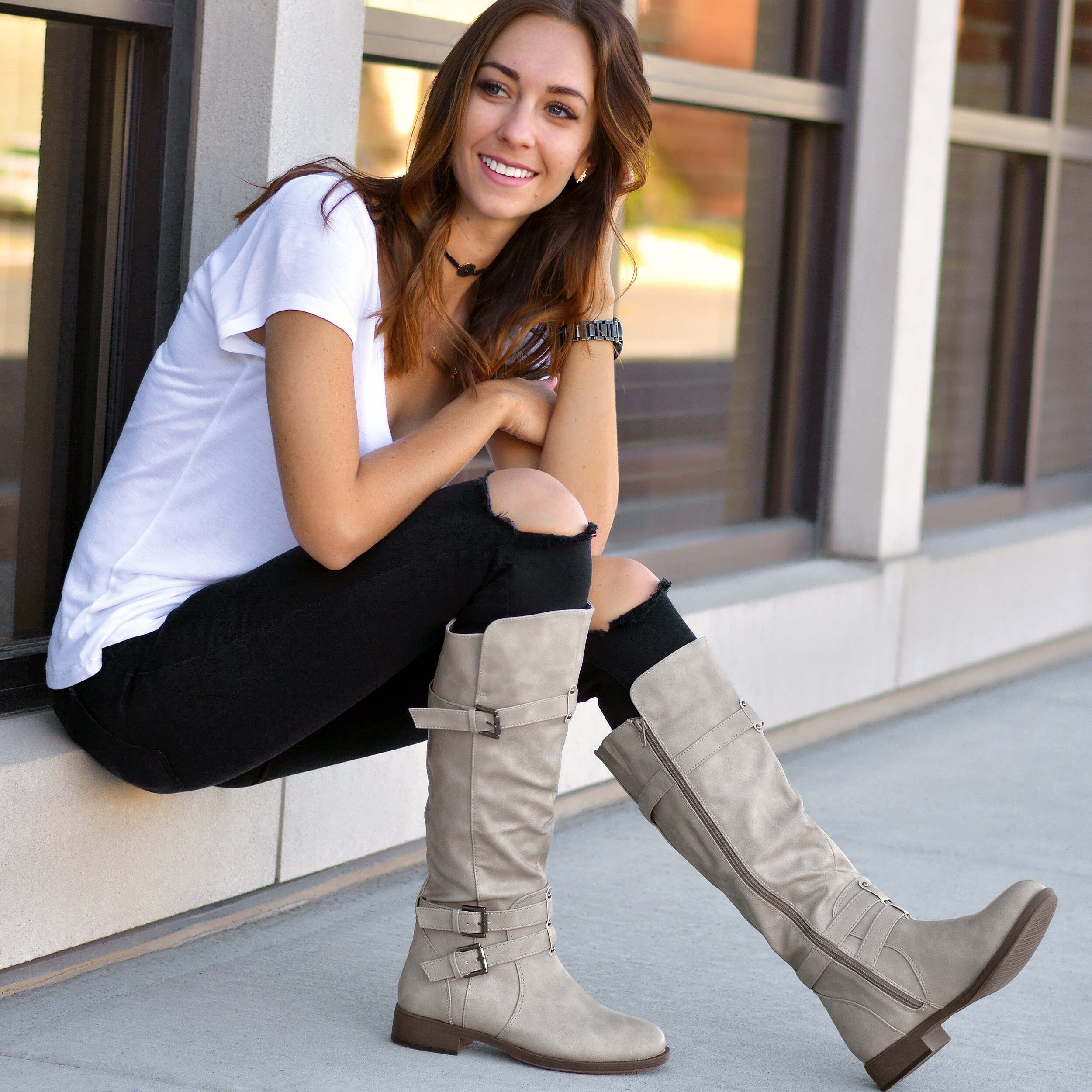 Wide-calf Buckle Knee-high Riding Boot 