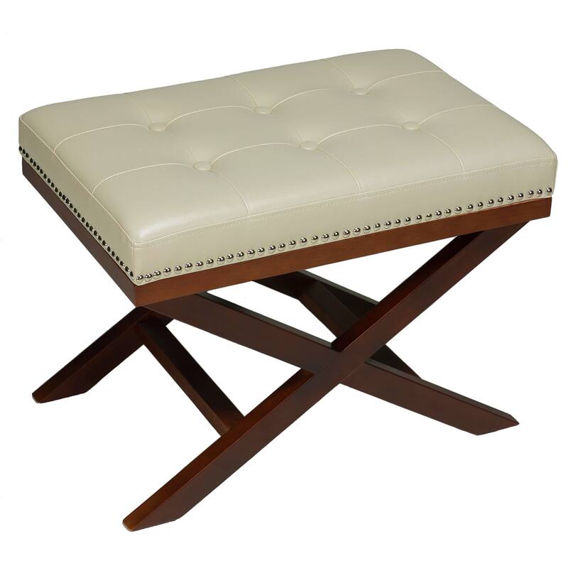 Porch & Den Palmer Cream and Walnut X-Leg Bench Ottoman