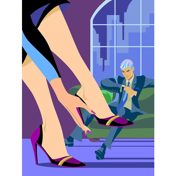 Businessman Checking Time and Woman with Long Legs Modern Canvas