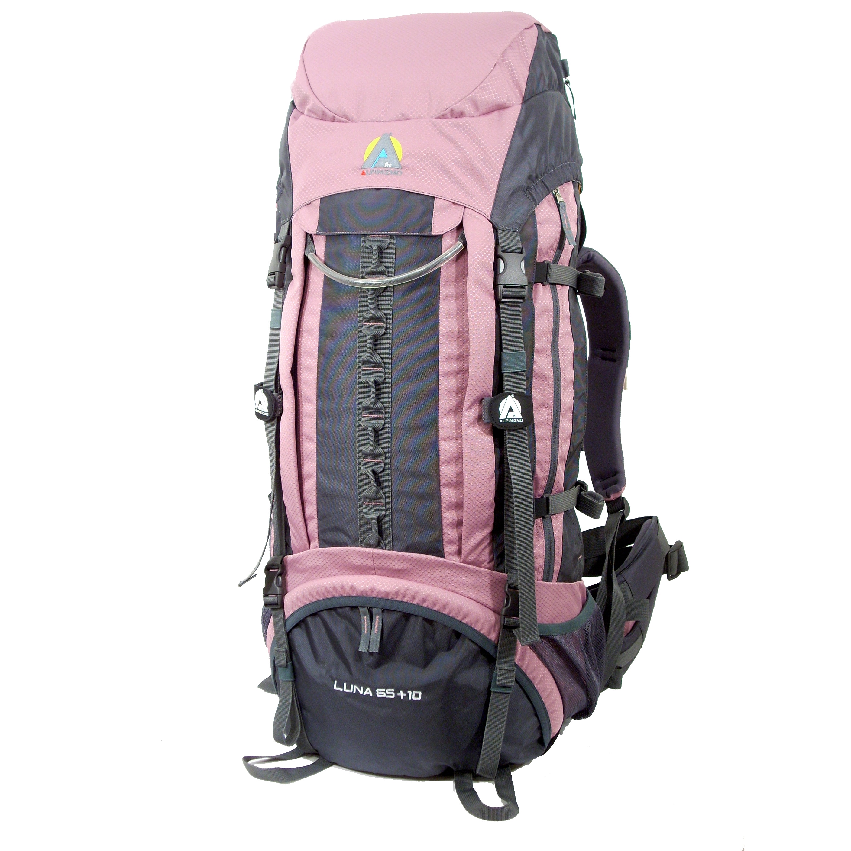 Alpinizmo Luna 65+10 Backpack (PurpleDimensions 27 inches long x 12 inches wide x 9 inches highWeight 5 poundsFeatures Hipbelt, detachable hipbelt, two sided compression straps, toplid pocket, extendable toplid, bellow pockets, detachable toplid, fanny