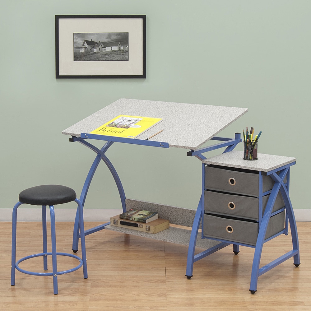 Comet Center Blue/ Splatter Grey Drafting Table With Stool