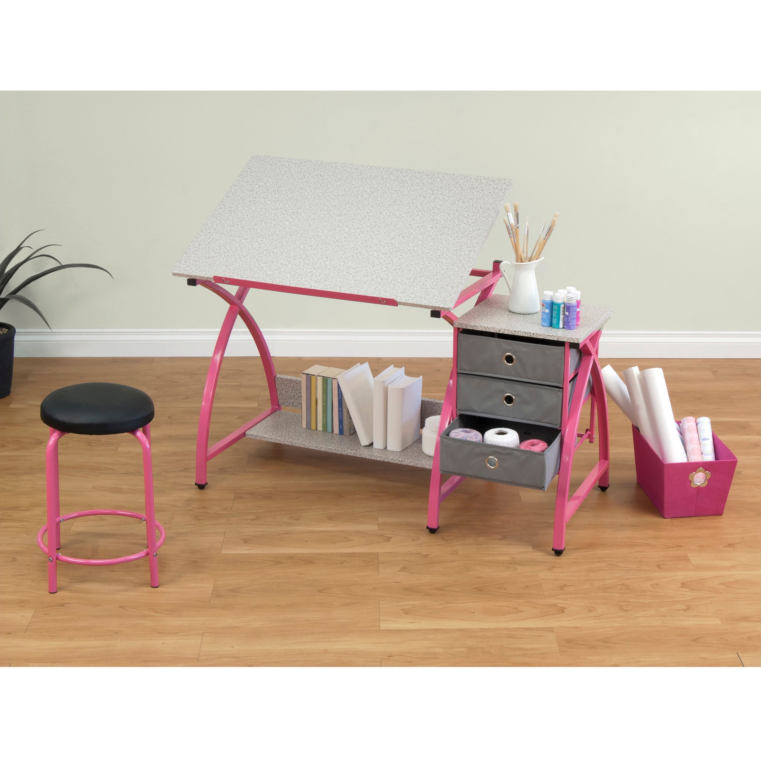 Comet Center Pink/ Splatter Grey Drafting Table With Stool