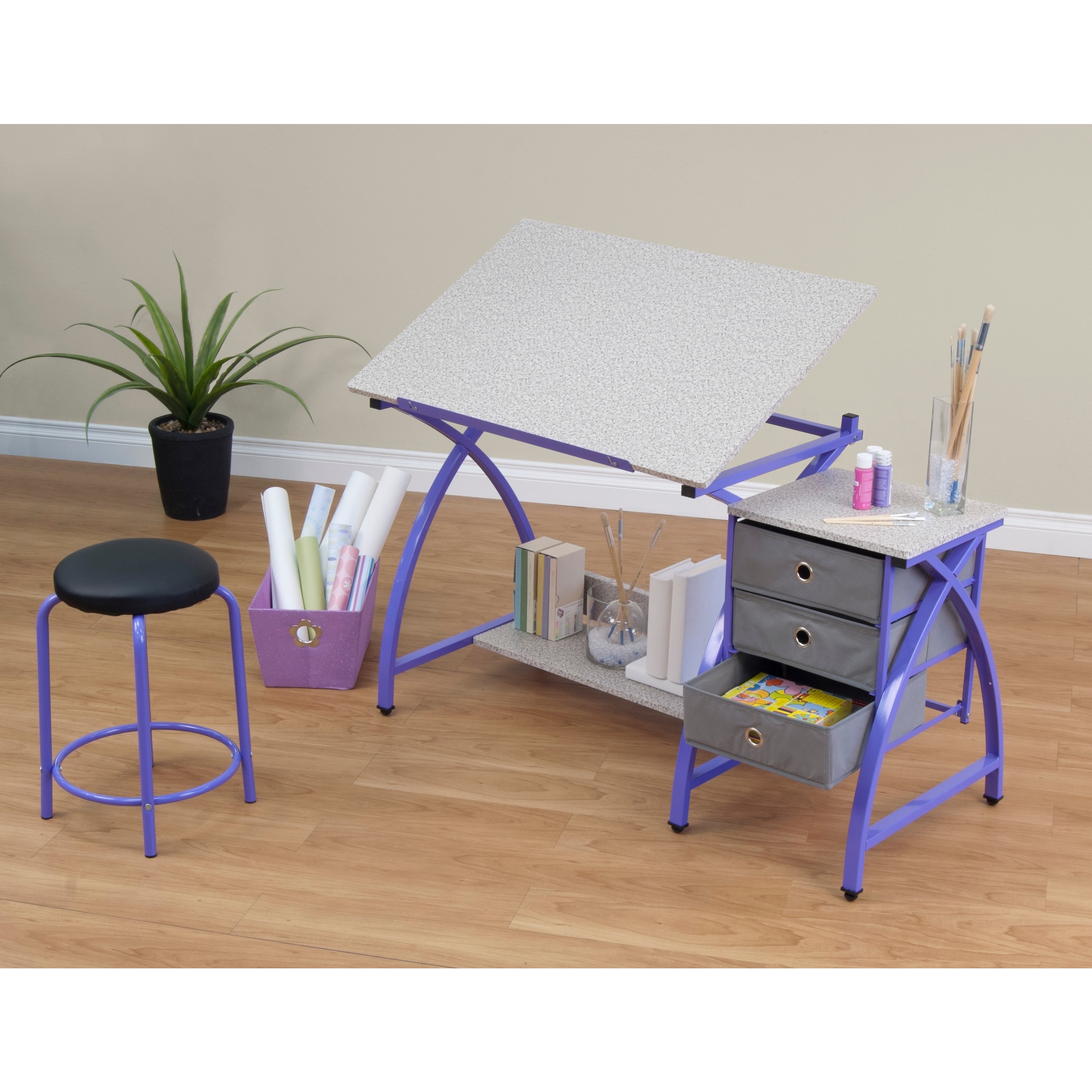 Comet Center Purple/ Splatter Grey Drafting Table With Stool