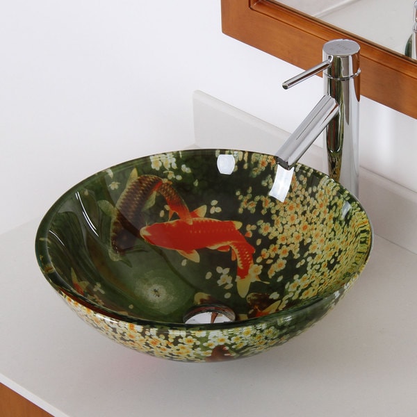 Elite N1252659 Koi and Lily Pond Tempered Glass Bathroom Vessel Sink