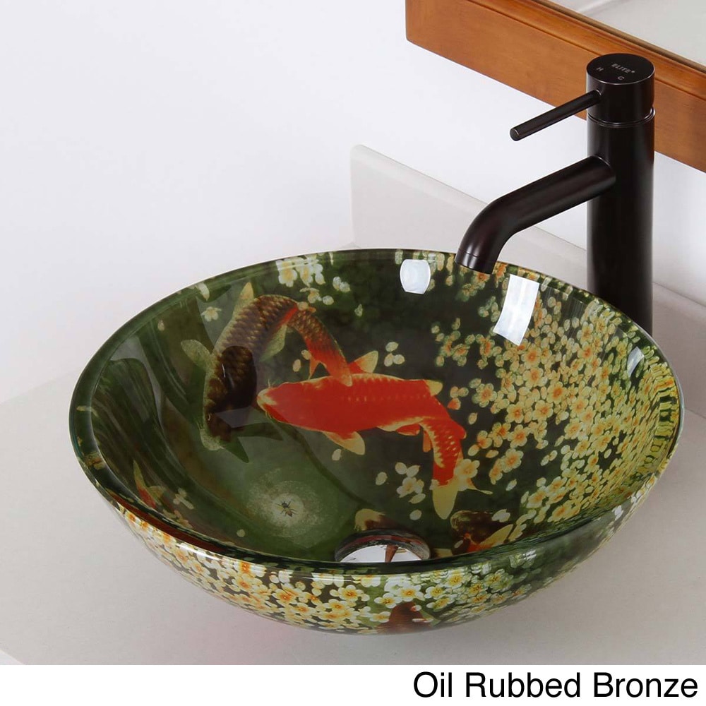 Elite N125f371023 Koi And Lily Pond Tempered Glass Bathroom Vessel Sink With Faucet Combo