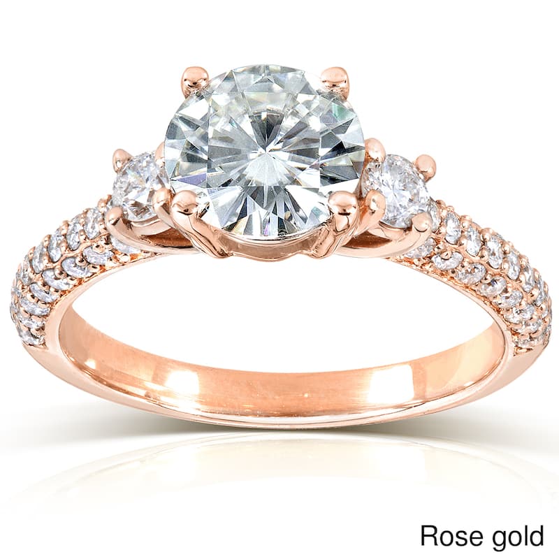 Annello by Kobelli 14k Gold 1 2/5ct TGW Round-cut Moissanite and Diamond Three Stone Pave Engagement Ring - 4 - Rose