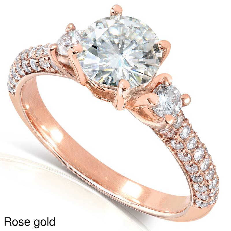 Annello by Kobelli 14k Gold 1 2/5ct TGW Round-cut Moissanite and Diamond Three Stone Pave Engagement Ring